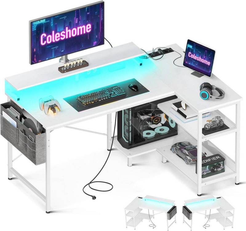 LuxusKollektion Gamingtisch Gaming Tisch L-Form LED 120x80cm Eckschreibtisch Weiß Regal von LuxusKollektion