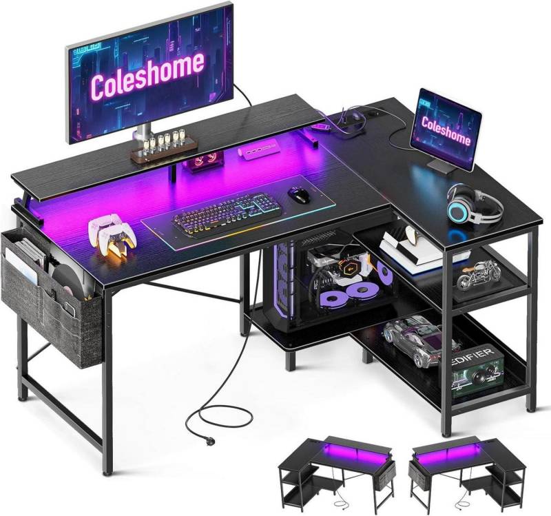 LuxusKollektion Gamingtisch Gaming Tisch L Form LED-Steckdosen 120x80cm Eckschreibtisch Schwarz von LuxusKollektion