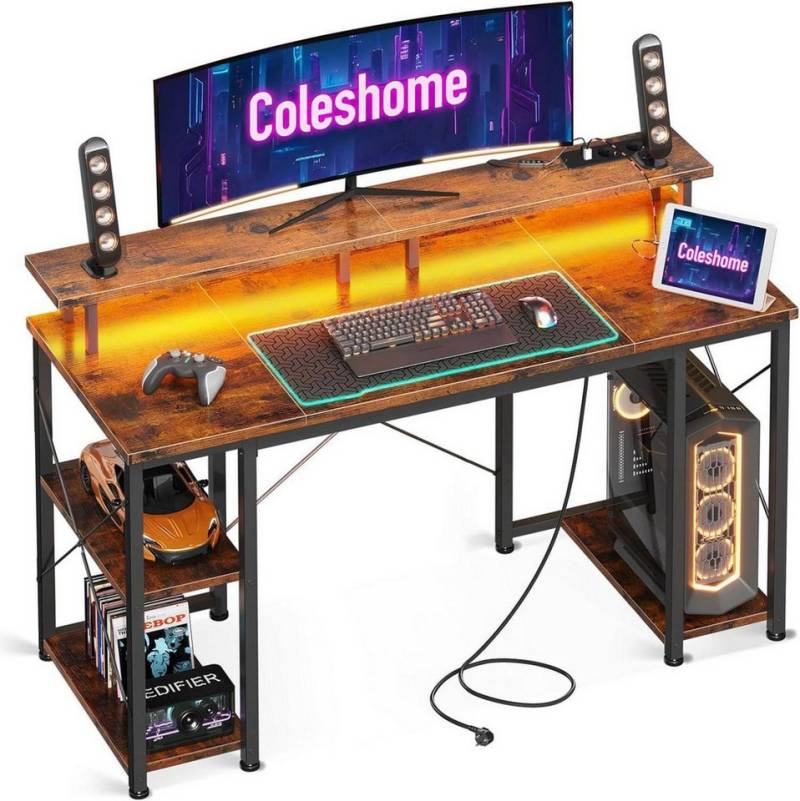 LuxusKollektion Gamingtisch Gaming Tisch LED-Beleuchtung 2 Steckdosen USB-Anschlüssen Braun von LuxusKollektion
