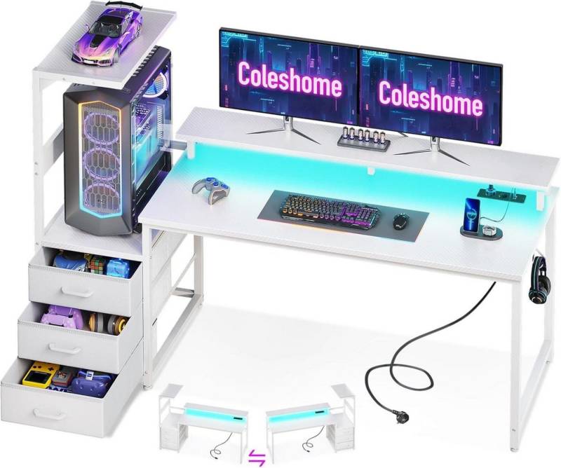 LuxusKollektion Gamingtisch Gaming Tisch LED-Beleuchtung Steckdose Schubladen Monitorständer von LuxusKollektion