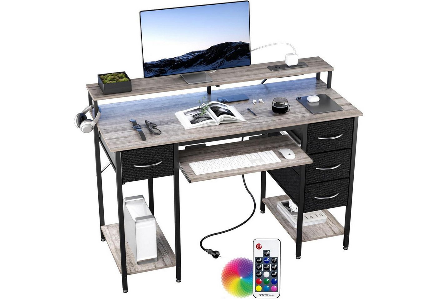 LuxusKollektion Gamingtisch Schreibtisch Gaming Steckdosen LED Tastaturablage 120 x 50cm Pure Gray von LuxusKollektion