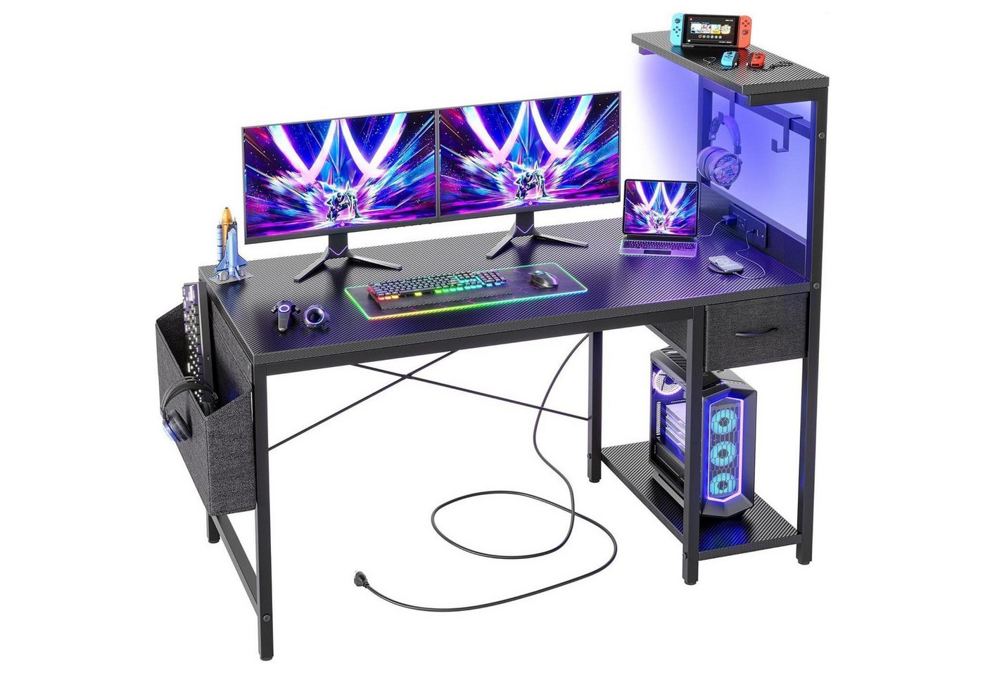 LuxusKollektion Gamingtisch Schreibtisch LED Steckdosen Gamer 120 x 50 cm Schwarzer Kohlenstoff von LuxusKollektion