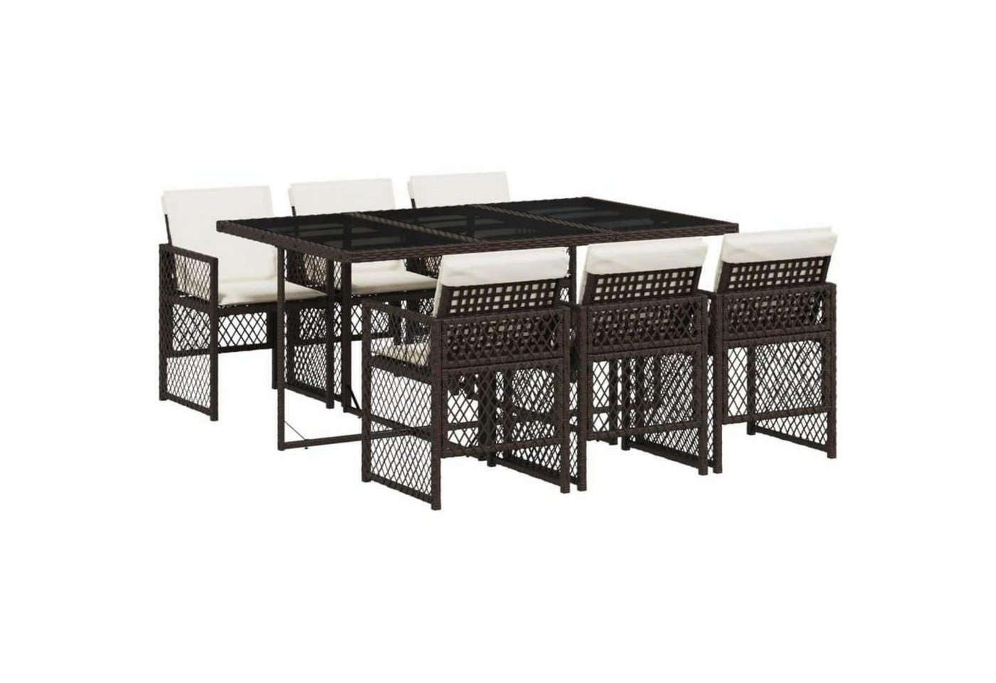 LuxusKollektion Garten-Essgruppe Essgruppe Garten 7Tlg Tisch 6 Stühle Poly Rattan Glas Braun und Creme von LuxusKollektion