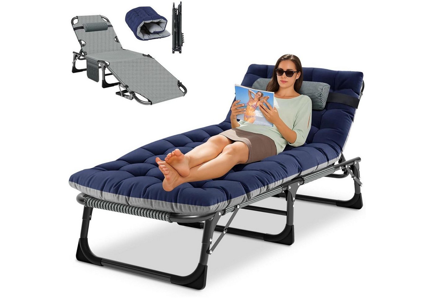 LuxusKollektion Gartenliege Klappbett 200KG Belastbarkeit Gästebett Matratze Kopfstütze Blau von LuxusKollektion