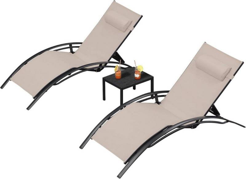 LuxusKollektion Gartenliege XXL Sonnenliege 2er-Set Aluminium Gartenliege Beistelltisch Kopfkissen von LuxusKollektion