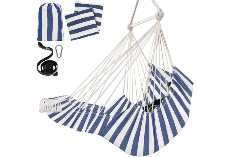 LuxusKollektion Gartenstuhl Hängesessel Baumwolle Spreizstange Kissen Fußstütze Quasten Blau Weiß von LuxusKollektion