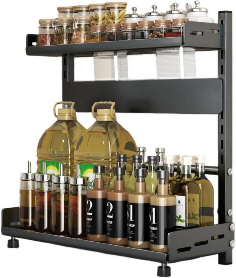 TRAYINDALY Gewürzregal 2 Ebenen Gewürzregal Schwarz Metall Stehend Organizer mit Messerhalter von TRAYINDALY