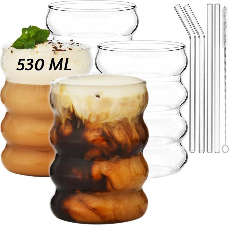 LuxusKollektion Gläser-Set Gerippte Trinkgläser mit Glasstrohhalmen 4er Set 530ml Bubble Wave von LuxusKollektion