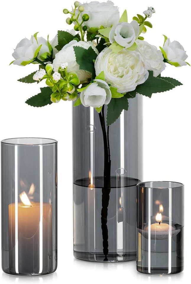 LuxusKollektion Gläser-Set Glasvase Zylinder Vase Grau 3 Stück Set Wohnzimmer Deko Runde von LuxusKollektion