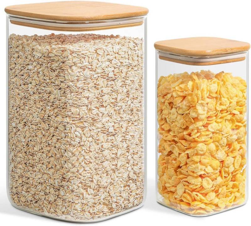 LuxusKollektion Gläser-Set Luftdichte Vorratsdosen 2er Set Keksglas Eckig Holzdeckel von LuxusKollektion