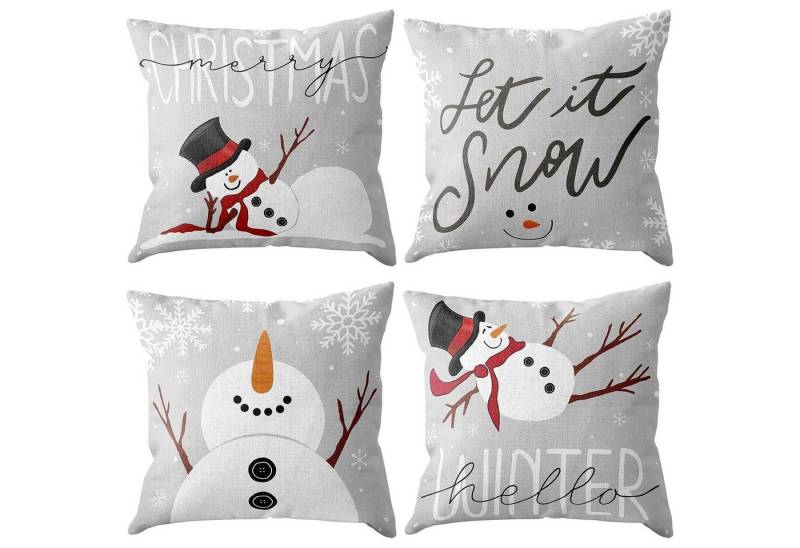 LuxusKollektion Hängedekoration Dekokissen 45x45cm 4er Schneemann Weihnachtsmotiv Leinen Grau von LuxusKollektion