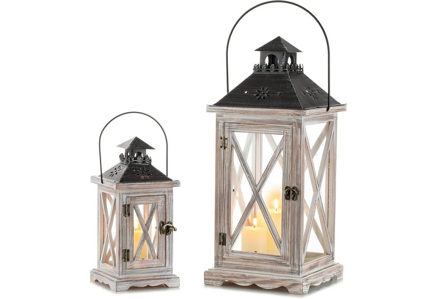 LuxusKollektion Hängedekoration Laterne Kerzenhalter Windlicht Holz Metall 28cm + 48cm Antik Beige von LuxusKollektion