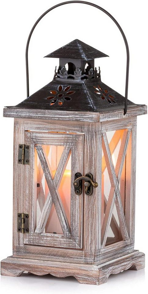 LuxusKollektion Hängedekoration Laterne Vintage Windlicht Holz Metall Deko 28cm Rustikal Beige von LuxusKollektion