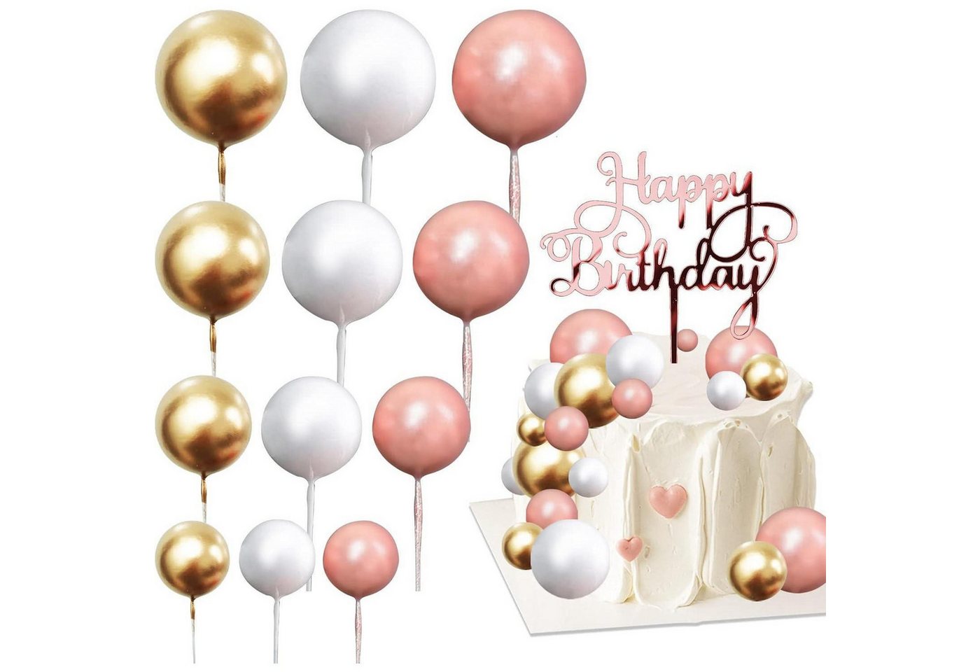 LuxusKollektion Hängedekoration Schaumkugeln Cupcake Topper Happy Birthday Rosegold Tortendeko Kugeln von LuxusKollektion