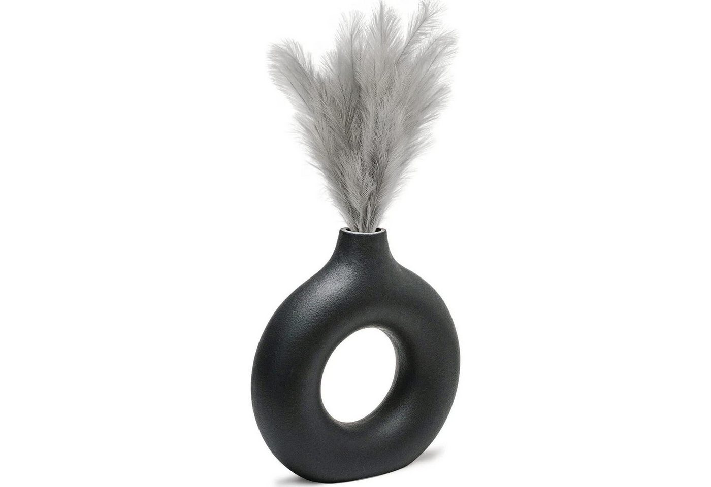 LuxusKollektion Hängedekoration Vase Pampasgras Donut Ringform Keramik matt nordic Deko L Schwarz von LuxusKollektion
