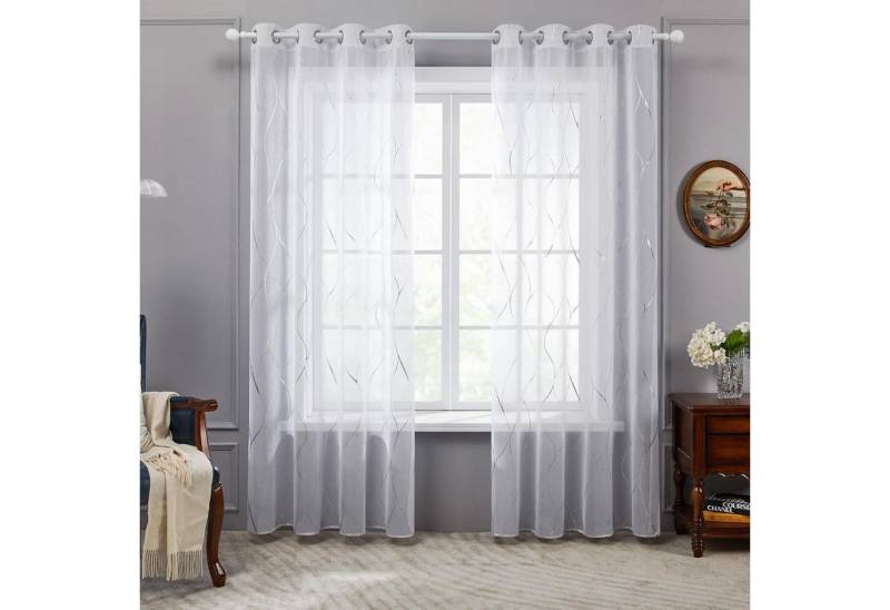 LuxusKollektion Hängedekoration Vorhang Voile Transparent Silber Wellenlinie H175 x B140 cm (2er Pack) von LuxusKollektion
