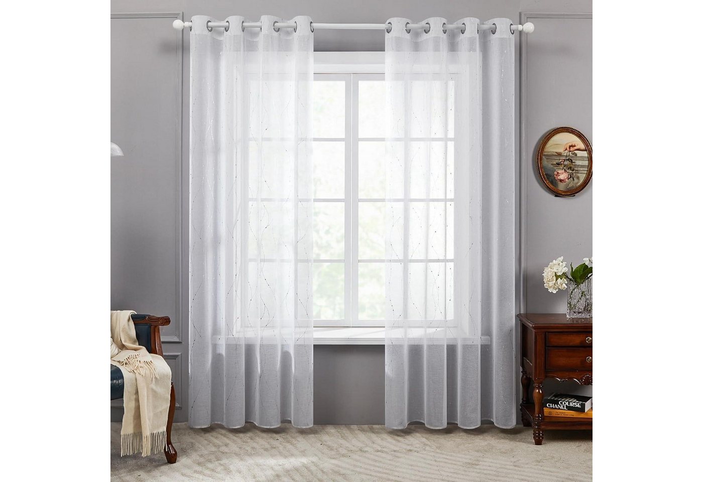 LuxusKollektion Hängedekoration Vorhang Voile Weiß Transparent Silber Welle H245 x B140 cm (2er Pack) von LuxusKollektion