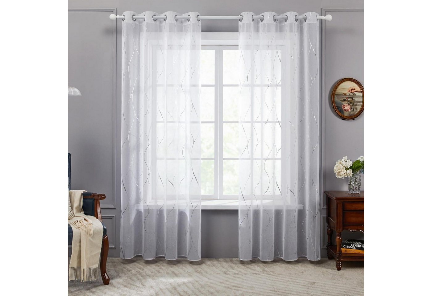 LuxusKollektion Hängedekoration Vorhang transparent weiß Silber Wellenlinie H160 x B140 cm (2er Pack) von LuxusKollektion