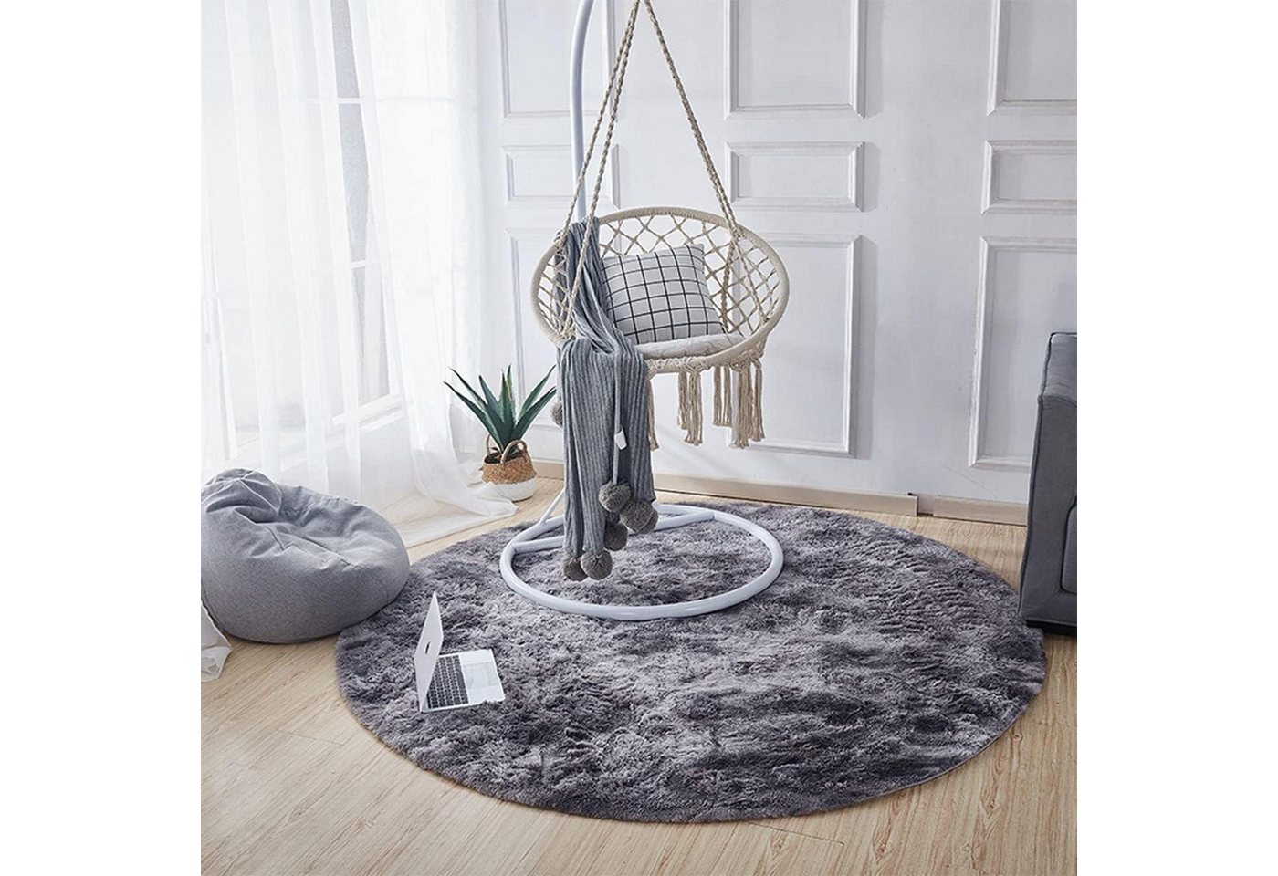 LuxusKollektion Hochflor-Teppich Teppich Rund Flauschig Rutschfest 160 cm (Rund) ◗schwarz Grau von LuxusKollektion