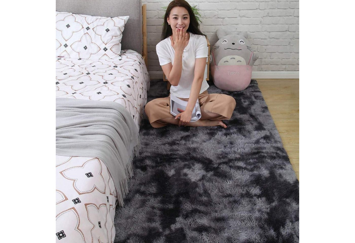 LuxusKollektion Hochflor-Teppich Teppich Shaggy Langflor Rutschfest Kinder Schwarz Grau 80*120cm von LuxusKollektion