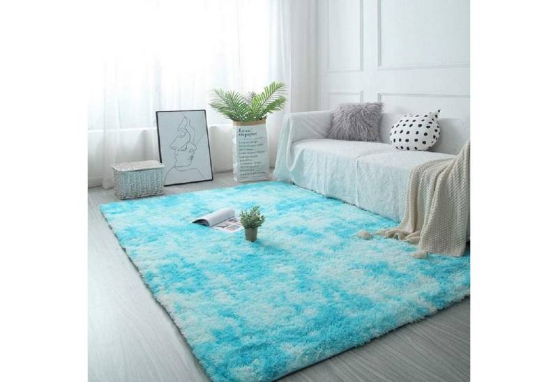 LuxusKollektion Hochflor-Teppich Teppich rund flauschig rutschfest 185 x 185 cm (Quadratisch) Blau Weiß von LuxusKollektion
