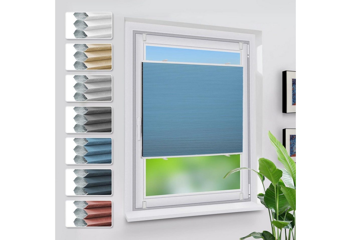 LuxusKollektion Jalousie Verdunklungsplissee Klemmfix Weiß-himmelblau B50 x H110 cm von LuxusKollektion