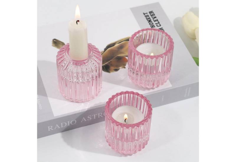 LuxusKollektion Kerzenhalter Kerzenständer Glas 3er Set Teelicht Spitzkerzenhalter Rosa von LuxusKollektion