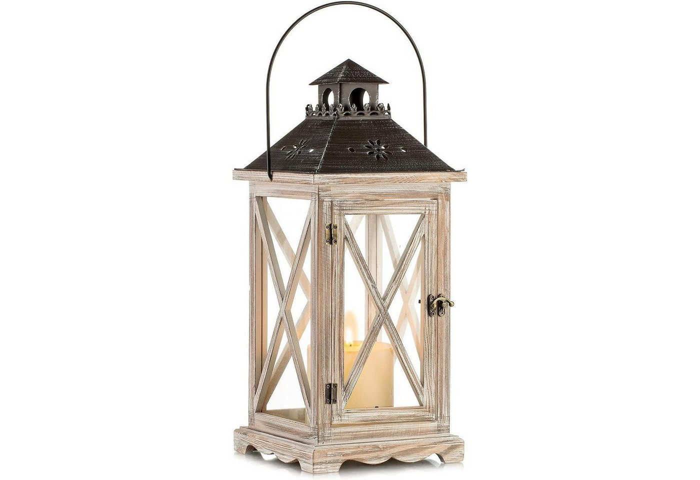 LuxusKollektion Kerzenlaterne Laterne Holz Windlicht Garten Kerzen Glas Vintage 48cm Natural von LuxusKollektion