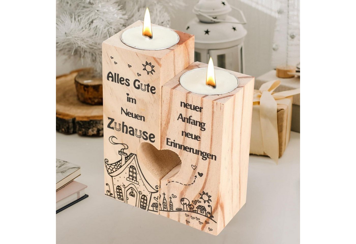 LuxusKollektion Kerzenständer Einzugsgeschenk: Seutgjie Holz Kerzenständer Set Herzen 12cm & 10cm von LuxusKollektion