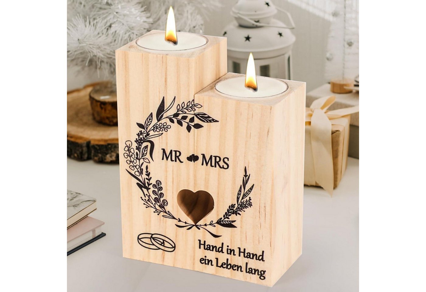 LuxusKollektion Kerzenständer Hochzeitsgeschenk Kerzenständer Set Holz Mr und Mrs Deko Paare von LuxusKollektion