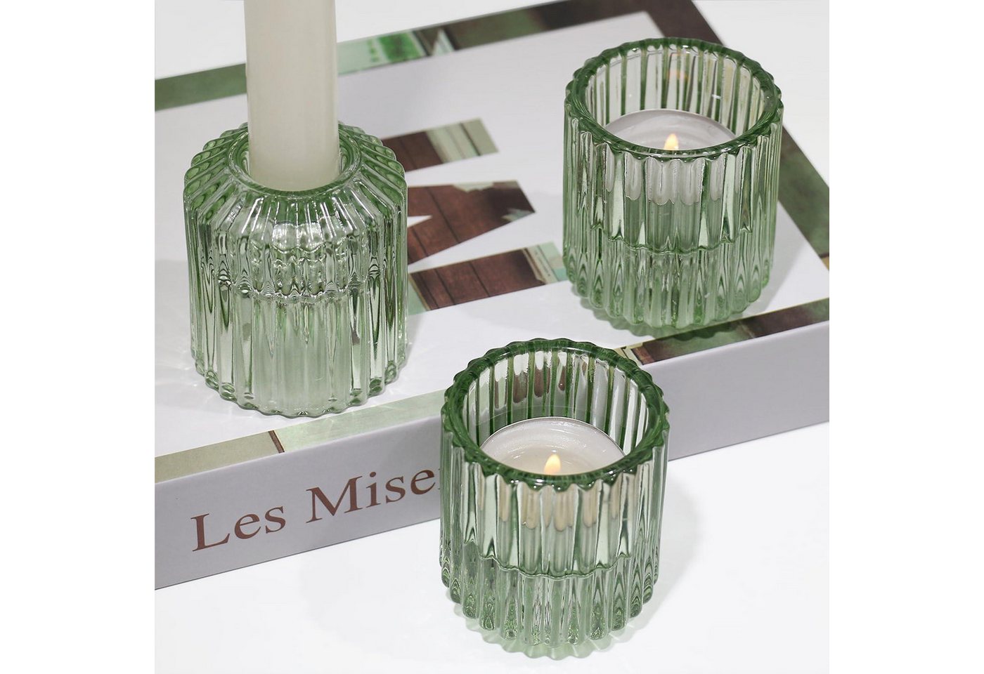 LuxusKollektion Kerzenständer Kerzenständer Glas 3er Set für Stabkerzen und Teelichter Grün von LuxusKollektion