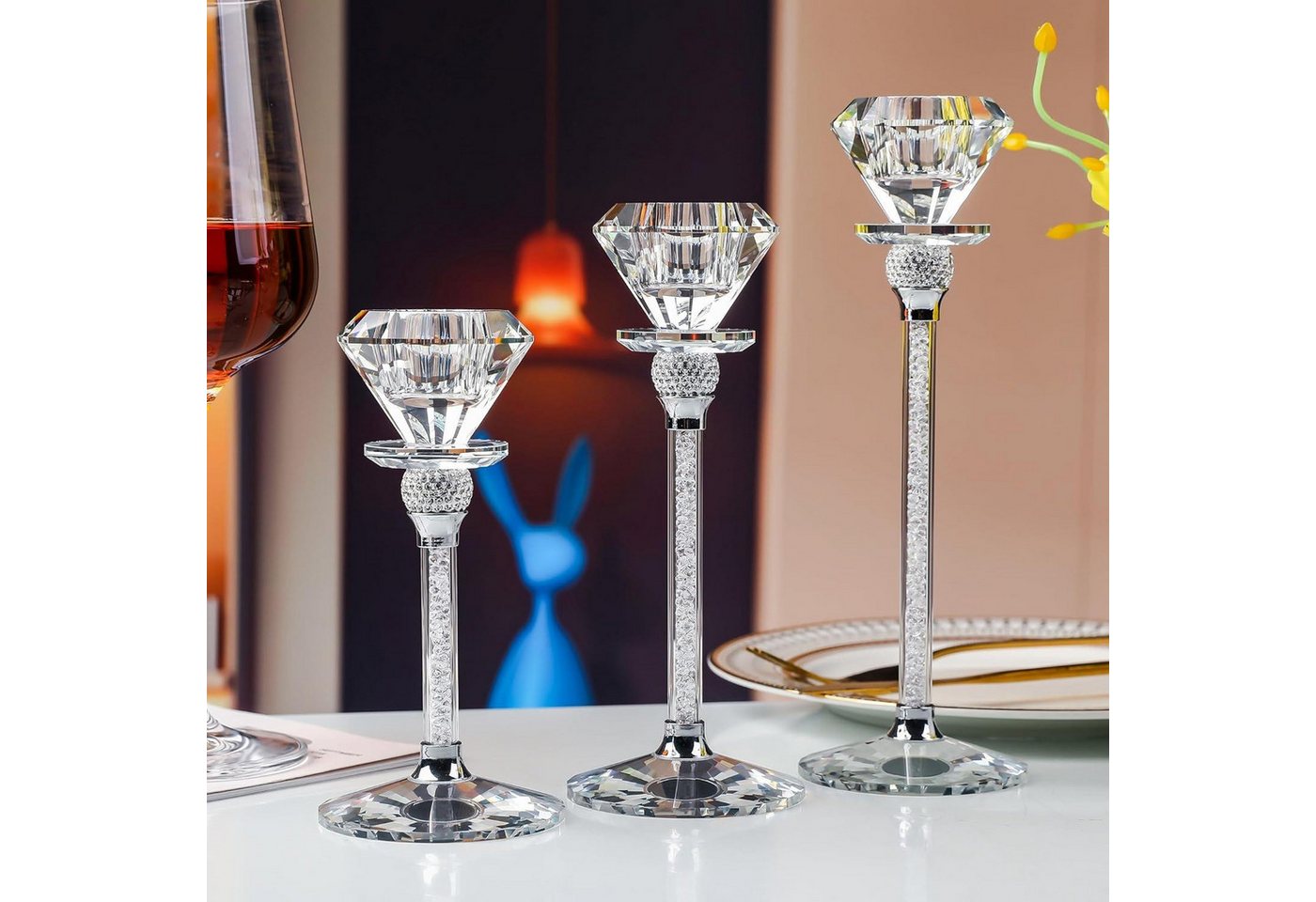 LuxusKollektion Kerzenständer Kristall Kerzenständer Set 3er Diamantförmig 17/20/23cm von LuxusKollektion