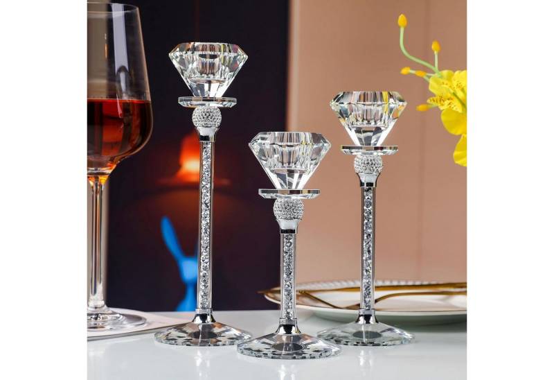 LuxusKollektion Kerzenständer Kristall Kerzenständer Set Diamantform 17 20 23cm Silber von LuxusKollektion