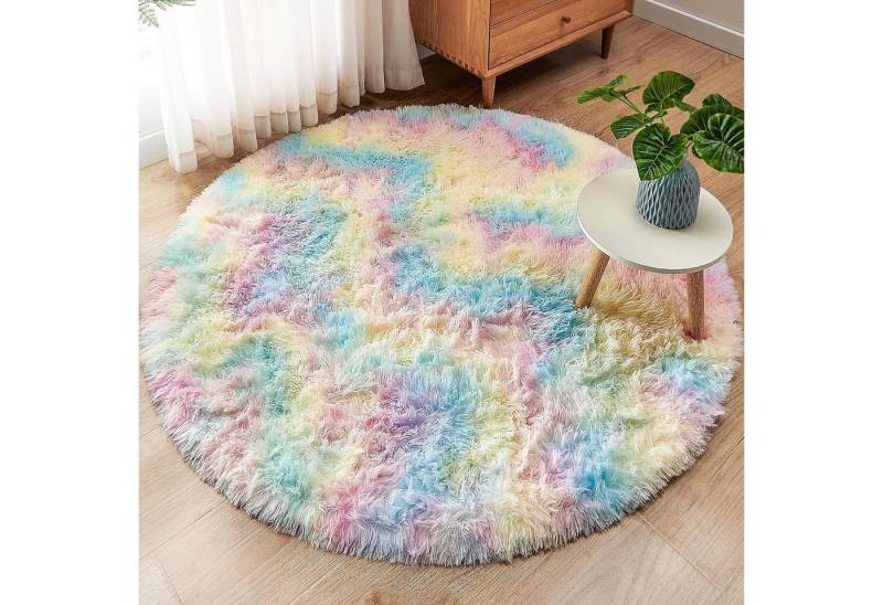 ROHATIM Kinderteppich Plüsch Teppich Rund Flauschiger Teppich Mädchen Kinder Regenbogen 120 von ROHATIM