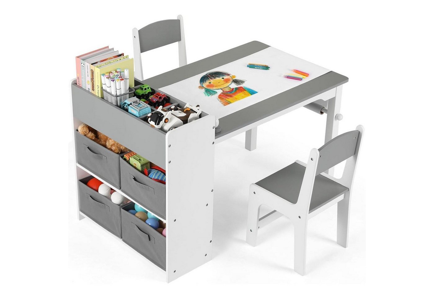 LuxusKollektion Kindertisch Kindertisch 2 Stühle Basteltisch Spieltisch Stauraum Grau Weiß von LuxusKollektion