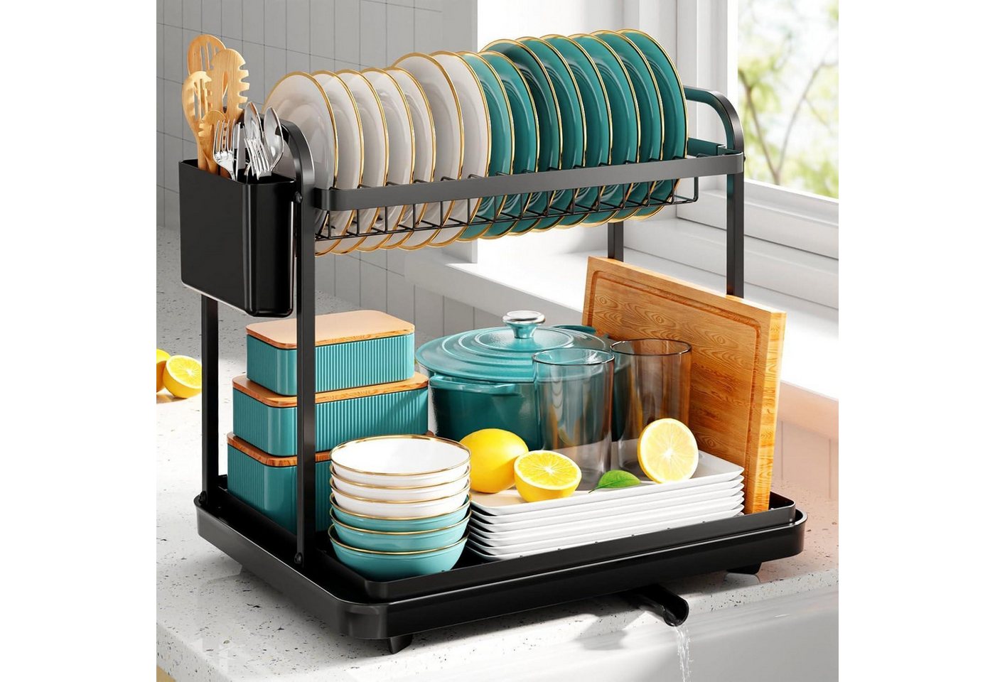 LuxusKollektion Kochbesteck-Set Abtropfgestell Geschirrständer Edelstahl Besteckhalter Schwarz 2-Tiers von LuxusKollektion