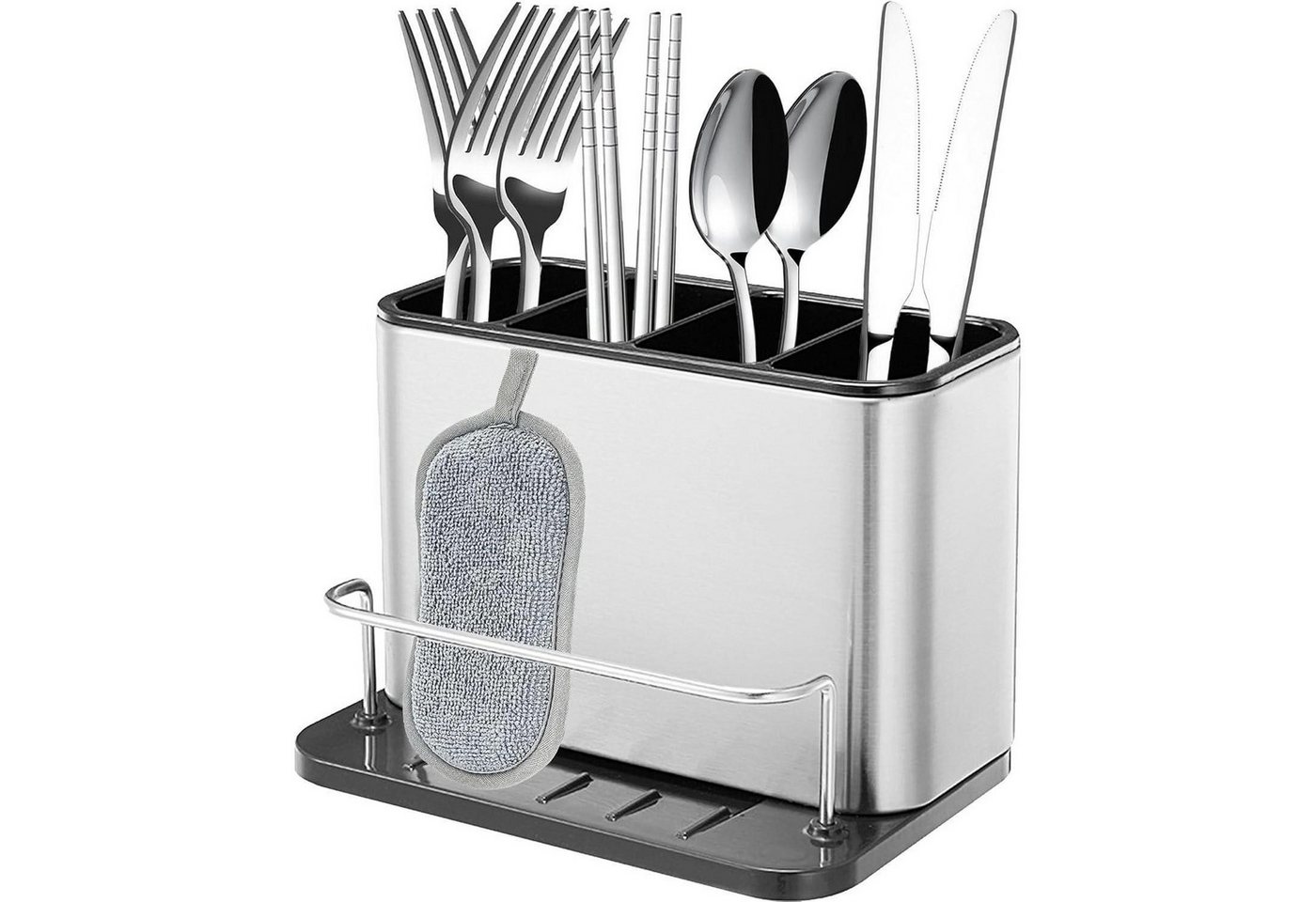 LuxusKollektion Kochbesteck-Set Besteckkorb 4 Fächer Abtropfgestell Auffangschale Edelstahl Silbrig von LuxusKollektion