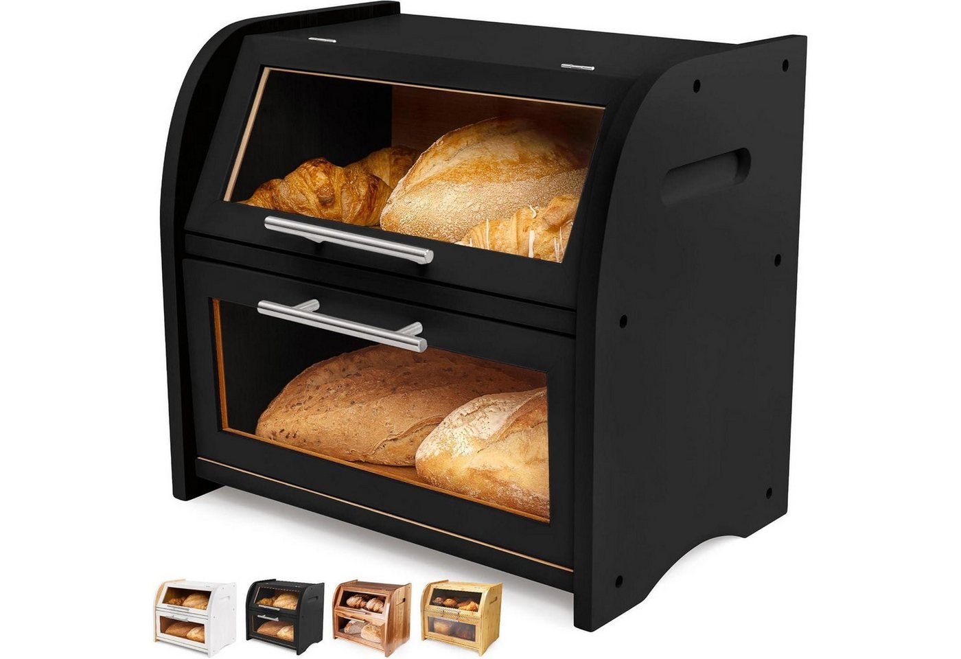 LuxusKollektion Kochbesteck-Set Brotkasten Akazie Holz Belüftung Sichtfenster 2 Regale Bamboo Black von LuxusKollektion