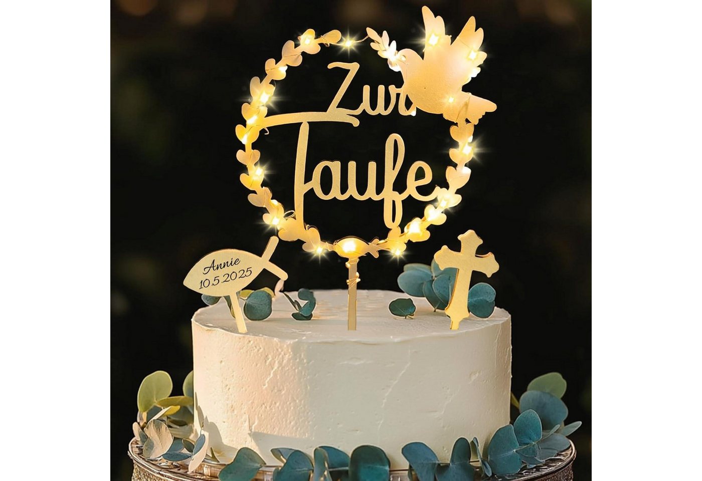LuxusKollektion Kochbesteck-Set Cake Topper Taufe Tortendeko Holz LED Lichterkette 3er E von LuxusKollektion