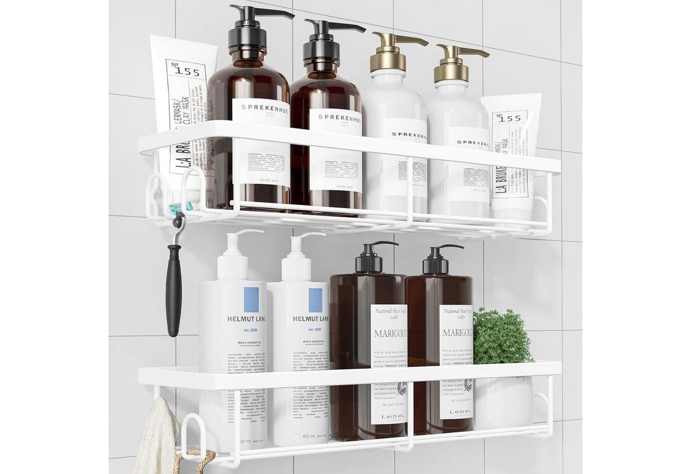 LuxusKollektion Kochbesteck-Set Duschablage ohne Bohren 2 Stück Edelstahl Shampoohalterung Large Weiß von LuxusKollektion