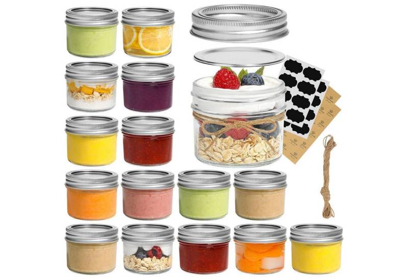LuxusKollektion Kochbesteck-Set Einmachgläser 125ml Deckel 16er Aufkleber Mason Jar 4oz 16pcs von LuxusKollektion