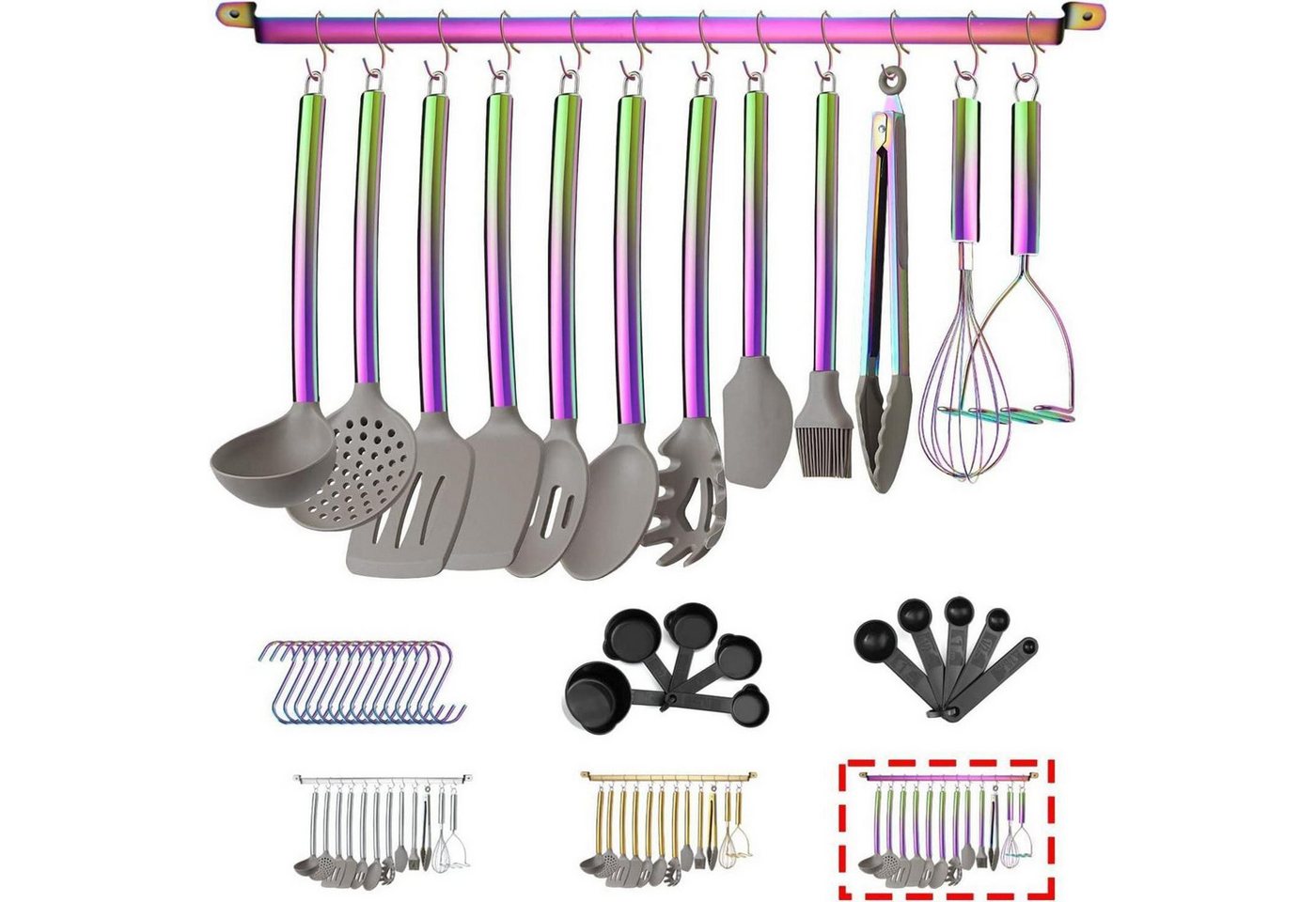 LuxusKollektion Kochbesteck-Set Kochgeschirr Silikon 38teilig Edelstahl Regenbogengriff 3. Regenbogen von LuxusKollektion