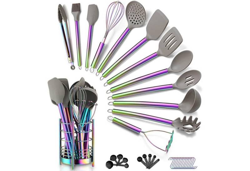 LuxusKollektion Kochbesteck-Set Kochgeschirr Silikon 38teilig Set 4. Regenbogen + Utensilienkrüge von LuxusKollektion