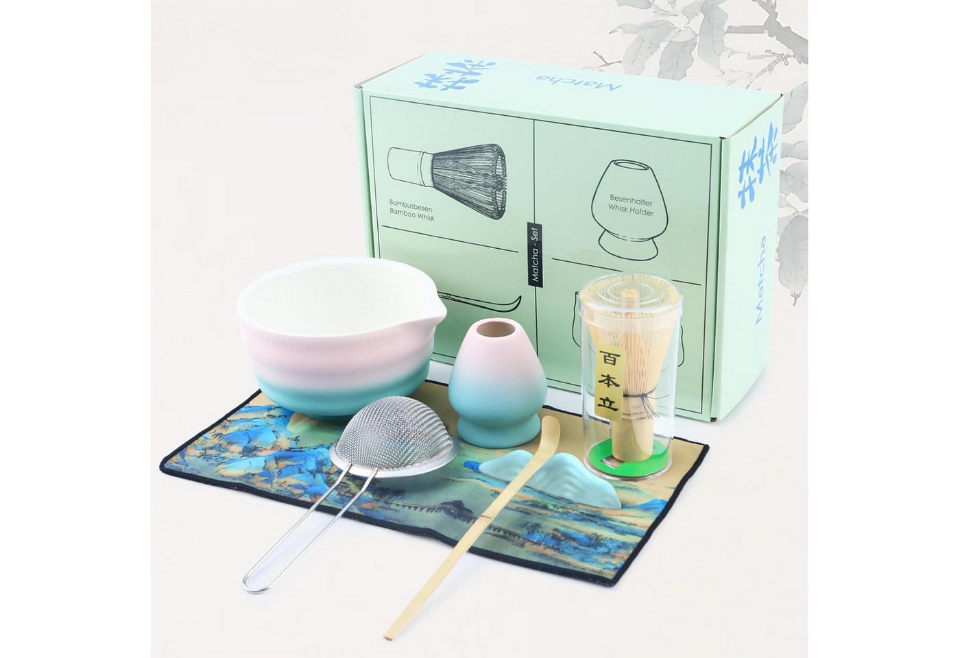 LuxusKollektion Kochbesteck-Set Matcha Set 7teilig Keramik Schale Schneebesen Löffel Sieb Rosa-x1 von LuxusKollektion
