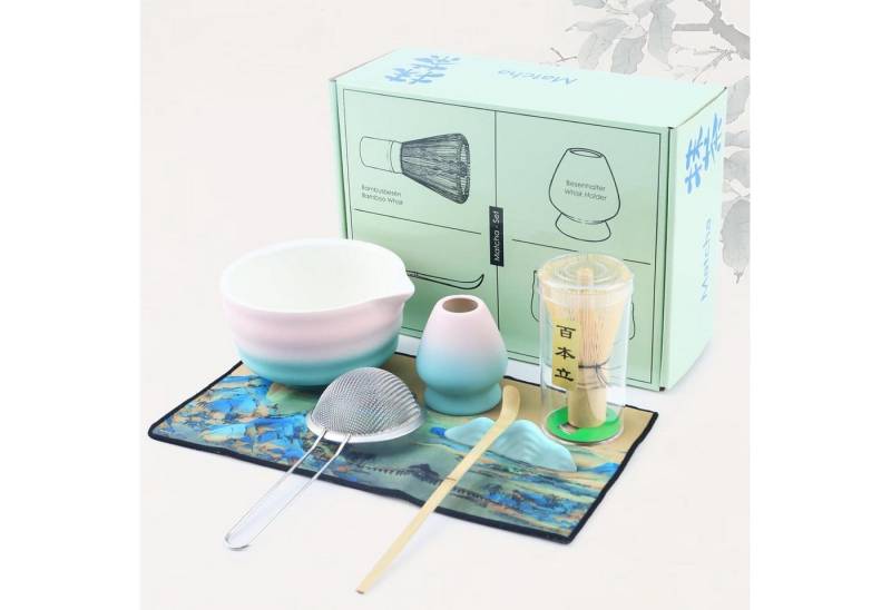 LuxusKollektion Kochbesteck-Set Matcha Set 7teilig Keramik Schale Schneebesen Löffel Sieb Rosa-x1 von LuxusKollektion