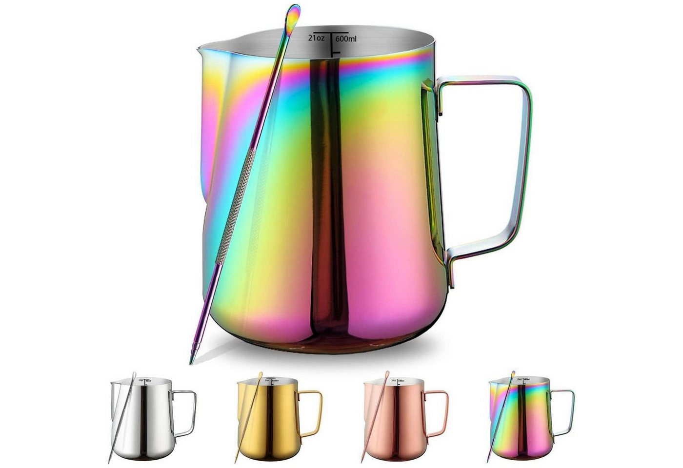 LuxusKollektion Kochbesteck-Set Milchaufschäumer Dampfkanne Edelstahl 620 ml Latte 7.regenbogen 21oz von LuxusKollektion