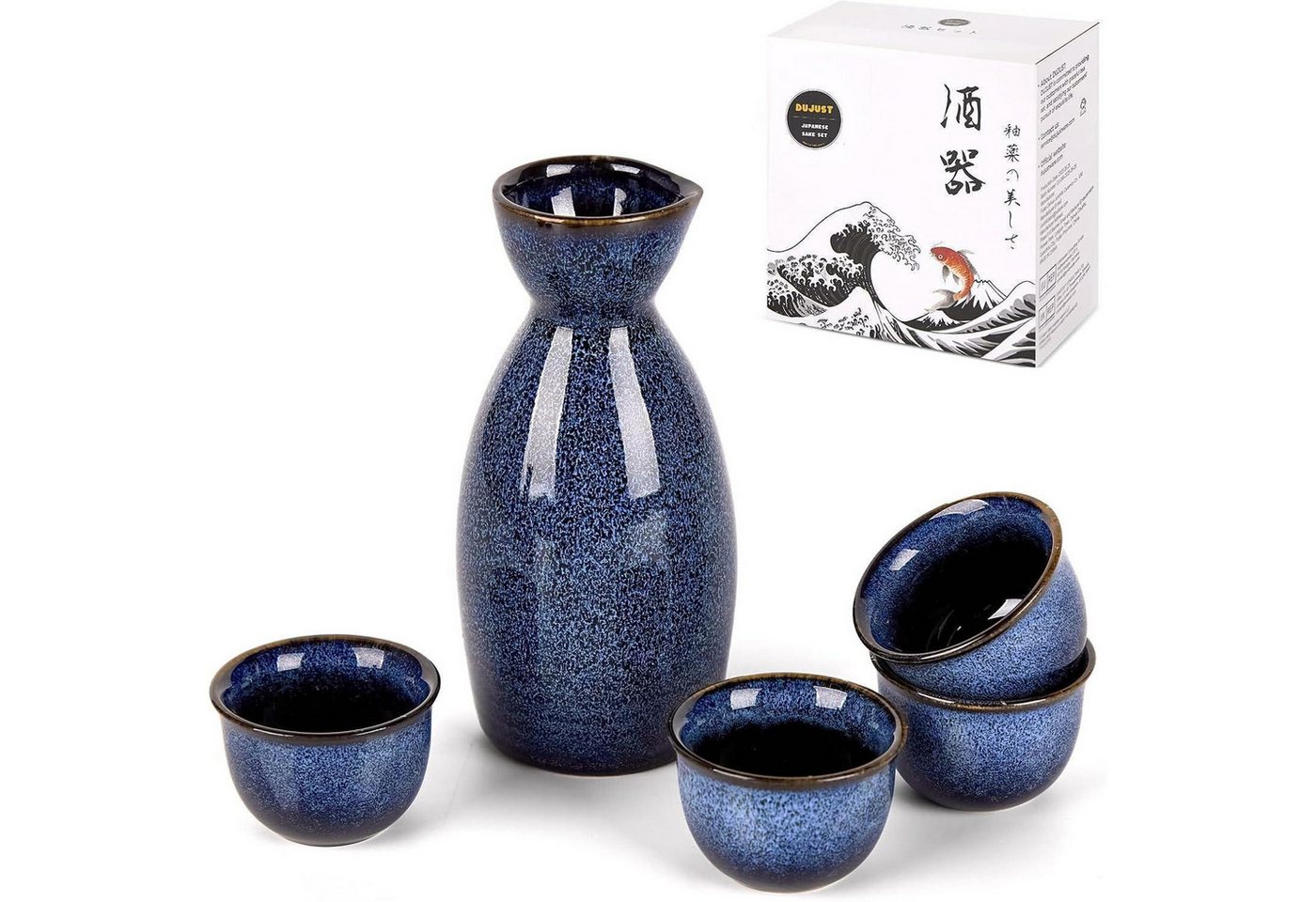 LuxusKollektion Kochbesteck-Set Sake Set Porzellan Japanisch 4 Tassen Karaffe Geschenkset Dunkelblau von LuxusKollektion