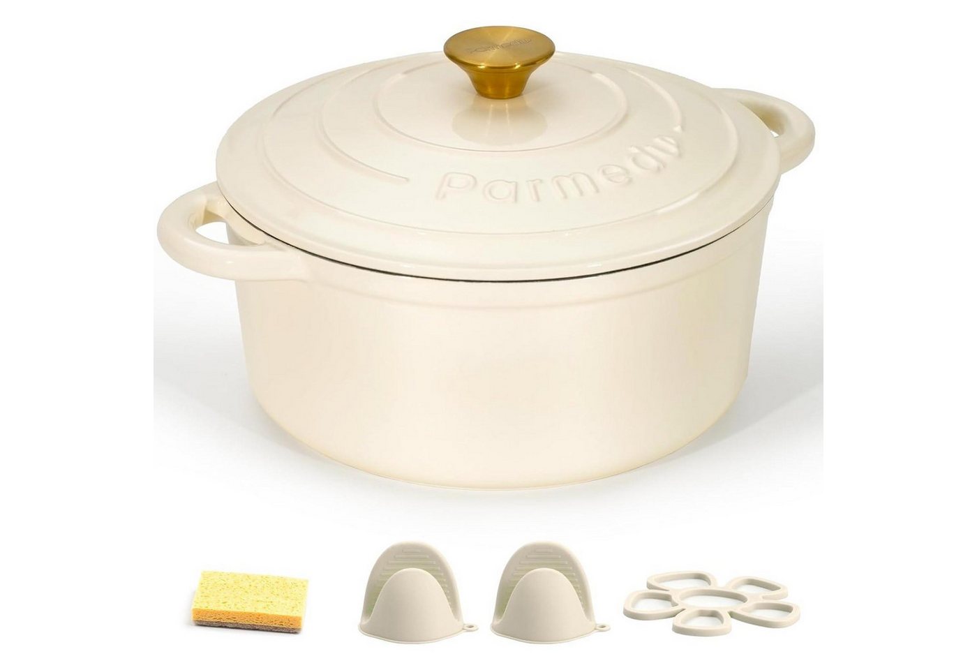 LuxusKollektion Kochbesteck-Set Schmortopf Gusseisen emailliert Deckel Cremiges Gelb 26cm-5.2L von LuxusKollektion