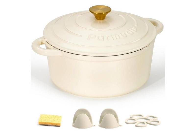 LuxusKollektion Kochbesteck-Set Schmortopf Gusseisen emailliert Deckel Cremiges Gelb 26cm-5.2L von LuxusKollektion