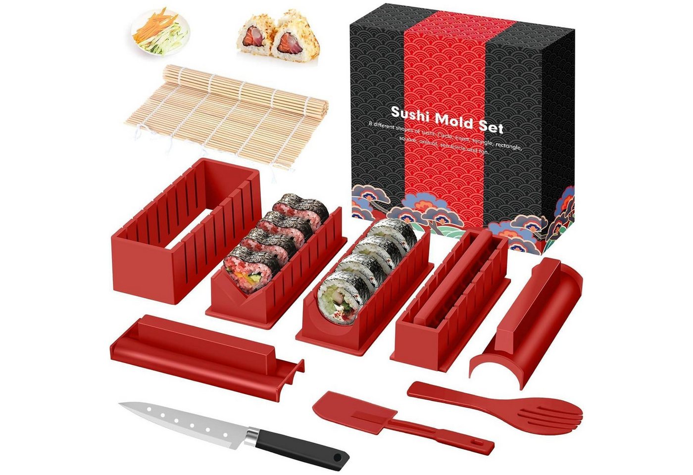 LuxusKollektion Kochbesteck-Set Sushi Maker Set 12teilig Anfänger Rollmatte Formen Messer Rot LuxusKollektion Kochbesteck-Set Sushi Maker Set 12teilig Anfänger Rollmatte Formen Messer Rot von LuxusKollektion